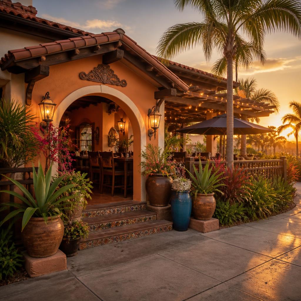 Welcoming exterior of Serrano's Mexican Grill at sunset