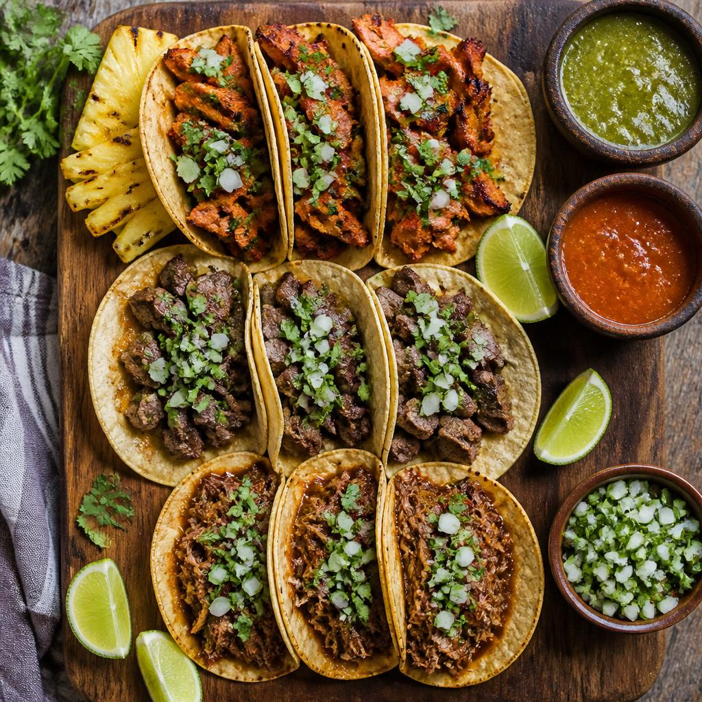 A spread of street tacos including al pastor, carne asada, and barbacoa with salsa and lime